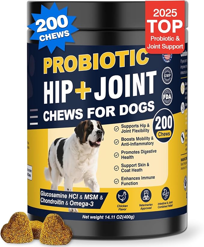 Hip and Joint Supplement for Dogs Dog Probiotics Glucosamine Chondroitin MSM Chew for Dog Arthritis Pain Relief Extend Joint Care, Probiotic for Digestive/Gut Health for Large/Small/Senior Breed Dogs
