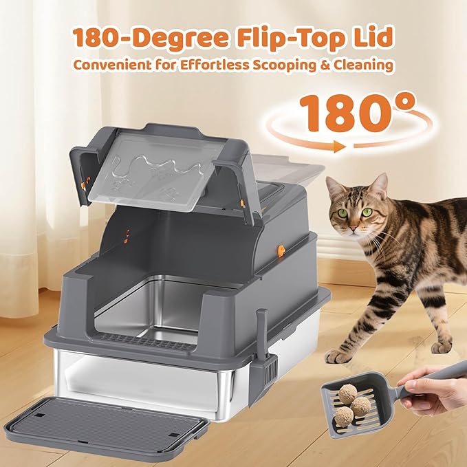 Homegroove XXXL Stainless Steel Litter Box with Lid, 28''x20''x18'' Extra Large Cat Litter Box with Litter Scoop & Pedal, Enclosed Metal Cat Litter Pan for Large & Multi-Cats, Anti-Leakage (Grey)