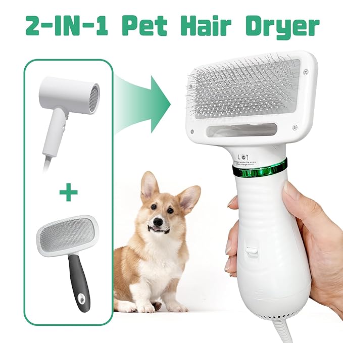 Dog Hair Dryer, 2-in-1 Dog Blow Dryer with Slicker Brush, 300W Pet Hair Dryer for Small and Medium-Sized Dogs and Cats, Dog Grooming Dryer Portable & Adjustable Temperature