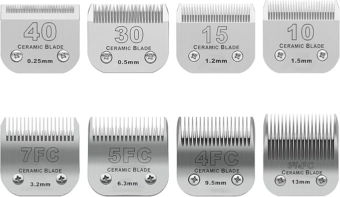 Size 40/30/15/10/7FC/5FC/4FC/3FC Detachable Pet Dog Grooming Clipper Ceramic Blades Set,Compatible with Andis,Oster A5,Wahl KM10 Series Clippers,Cut Length 1/100"(0.25mm) to 1/2"(13mm),8 Pack