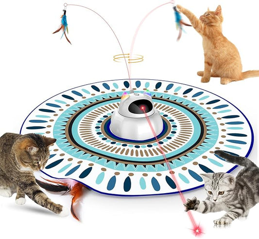 VIWIK Cat Laser Toy Automatic, 4 in 1 Interactive Cat Toys for Indoor Cats, Hide and Seek Kitten Wand Toy, USB Rechargeable Electronic Kitten Toys with Moving Feather, Cover for Bored Cats All Breeds