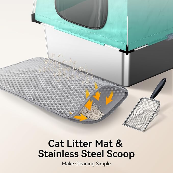 Meowant Stainless Steel Cat Litter Box with Lid, Extra Large Square 3-in-1 Enclosed Metal Litter Box with High-Sided Oxford Fabric Cover, Metal Scoop, Odorless, Non-Sticky,Leak-Resistant,Easy to Clean