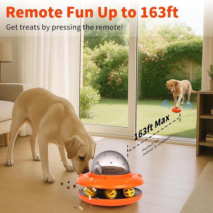 Interactive Dog & Cat Toys - Automatic Treat Puzzle with Remote Control for Cats & Dogs Food Dispensing, Pets Enrichment IQ Training Gift, Rechargeable Electronic Ball Track Toy Slow Feeder