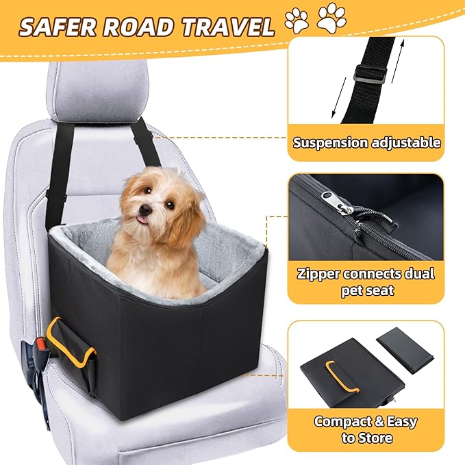 JJRING Dog Car Seat for Small Dogs, Pet Booster Seat, Elevated Dog Car Seat, Washable and Detachable Puppy Car Seat, Black