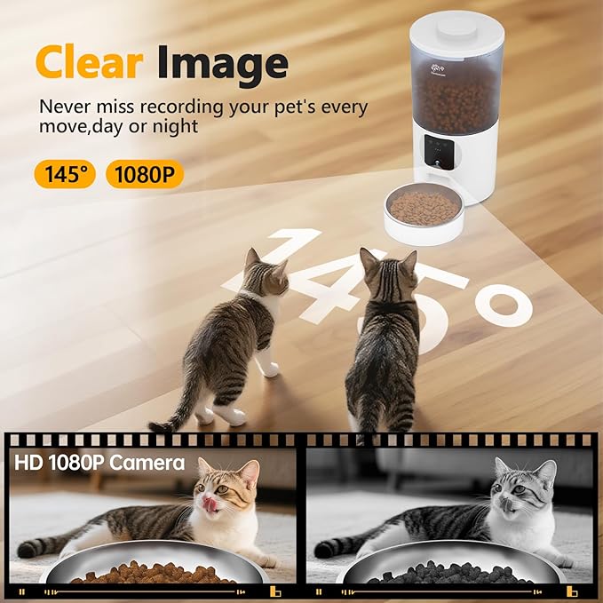 Automatic Cat Feeder with 1080P Camera, Two-Way Audio, APP Timed Auto Control Meals, 6L Dry Food Dispenser, 2.4G / 5G WiFi