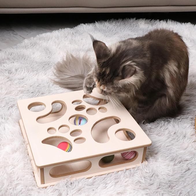 Cat Interactive Box Puzzle Toy with 3 Small Balls and 1 Bell Indoor Hunting Exercise Toy for Kittens Natural Wood Material