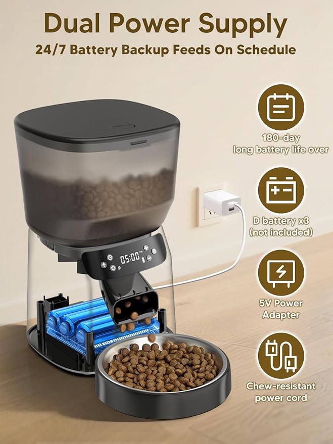 Automatic Cat Feeder and Water Fountain, 4L/16 Cups Timed Cat Dry Food Dispenser, 10s Meal Call, 20 Portions 6 Meals Per Day, 2L Cats Fountains for Drinking with Filter, Pet Feeder for Dog Black