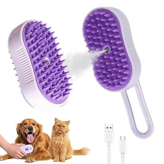 4 in 1 Cat Steam Brush for Shedding, Rechargeable Pet Steam Brush, Massage, Cleaning, Shedding & Combing Multifunctional Hair Removal Comb for Cats Dogs (Purple)