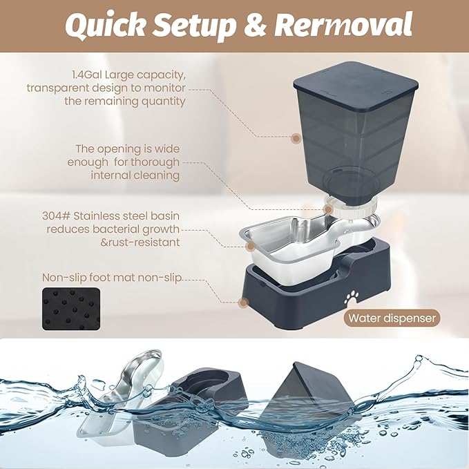 Automatic 5.4L/1.4Gal Pet Waterer, Pet Automatic Dog Water Dispenser Gravity Stainless Steel Water Feeder, Large Capacity Feeding Bowls for Cats and Medium & Large-Sized Dogs