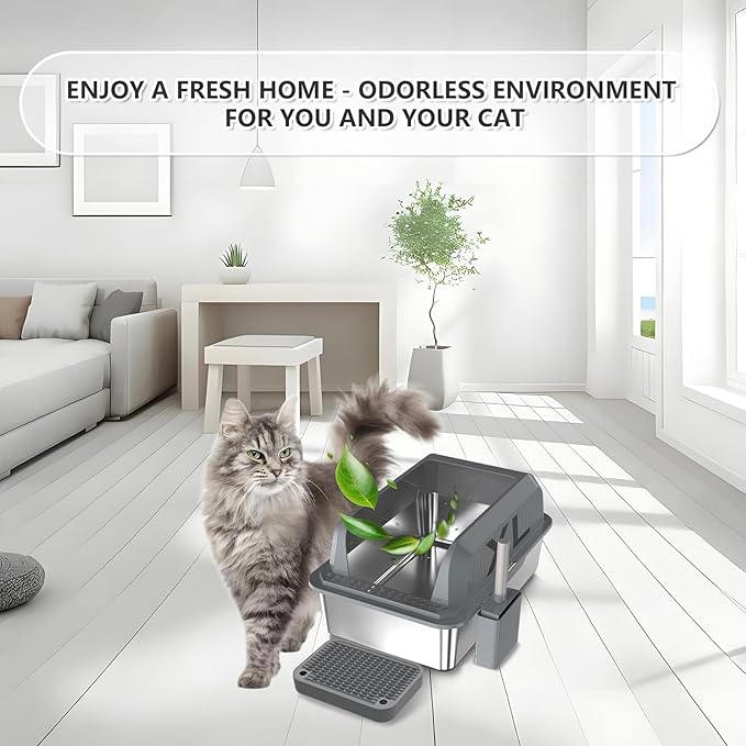 Stainless Steel Cat Litter Box with Lid Extra Large Metal Pan Tray with Enclosed High Sides for Big Cats Multi-Cat, XL Non-Stick Anti-Leakage Easy Cleaning Includes Scoop(Dark Grey)
