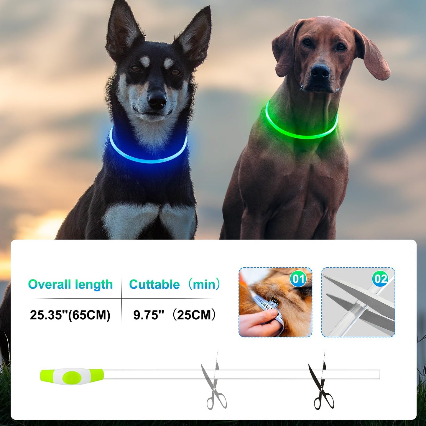 2 Packs Light Up Dog Collar, LED Dog Collar, USB Rechargeable Dog Lights for Night Walking, Adjustable Glow in The Dark Collars for Small Medium Large Dogs, Waterproof Safety Pets Lights Green&Blue