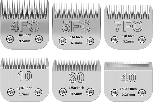 6PCS (4FC+5FC+7FC10+30+40 Dog Grooming Blades Compatible with Andis Pet Clipper/Oster A5/Wahl KM Series Dog Clipper,Ceramic Blade & Stainless Steel Blade