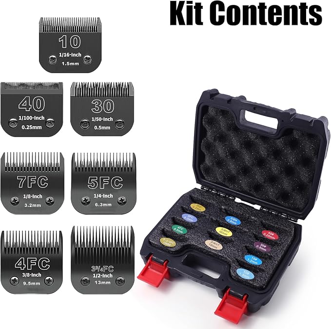7 Pack Detachable Dog Grooming Steel Blades with Blade case Holder,Compatible with Andis,Oster A5,Wahl KM-10 Series,Cutting Length 1/100" to 1/2"(10+30+40+7FC+5FC+4FC+3-3/4FC-black)
