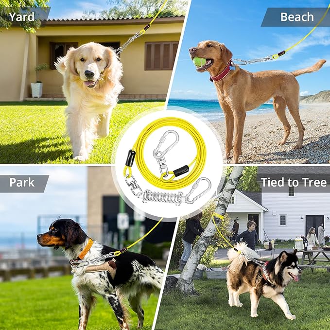 Jenico Dog Tie Out Cable - 10/15/20/30/40/50/70/100/150FT Runner Cable with Swivel Hook and Shock Spring, Outdoor and Camping Dog Leash Run Tether for Small to Medium Pets Up to 500 LBS