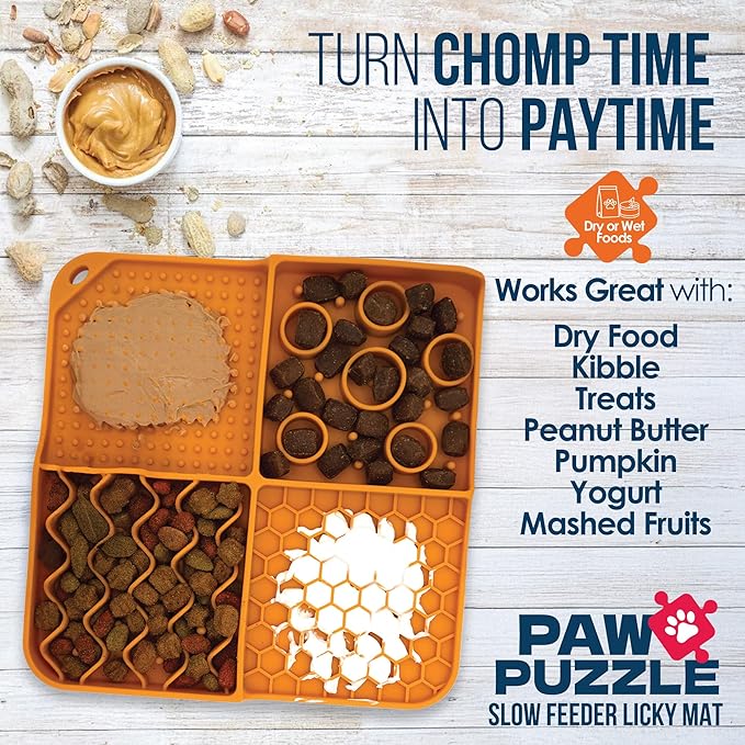 Palz&Co Paw Puzzle 2-in-1 Slow Feeder & Lick Mat for Dogs and Cats, Dry and Wet Food, Dishwasher Safe Silicone, Small 8"x8", Orange