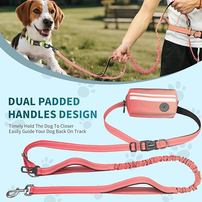 Hands Free Dog Leash with Removable Zipper Pouch, Dual Padded Handles and Durable Bungee for Walking, Jogging and Running-Orange