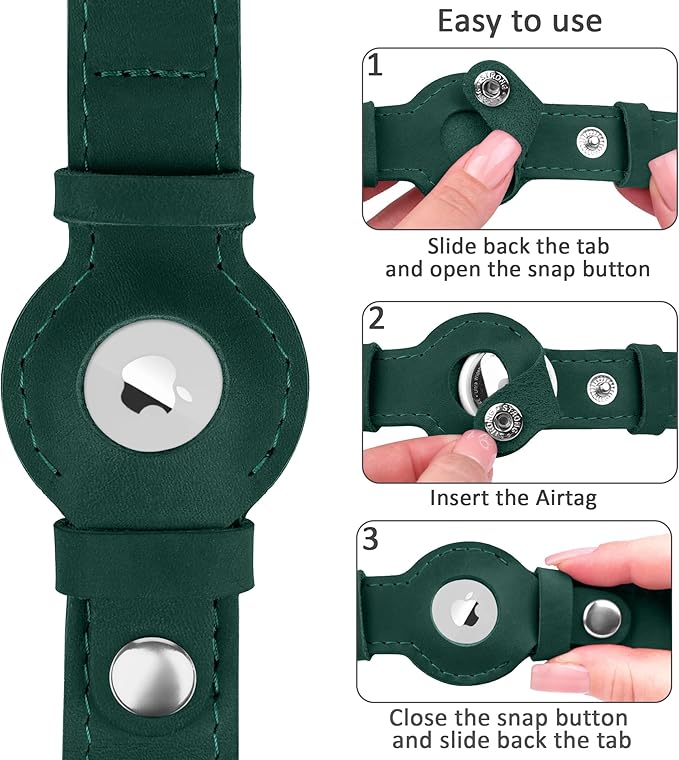 Leather Dog Collar with Airtag Holder - Apple AirTag Dog Collars - Soft Tracking Smart GPS Pet Collar for Small Medium Large Dogs Puppy (Green, L, 15"-19" Neck Fit)