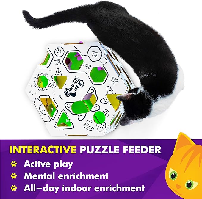HEX – Interactive Cat Treat Puzzle Box & Puzzle Feeder – Treat Maze Box for Indoor Cats – Enrichment Food Dispenser Toy!