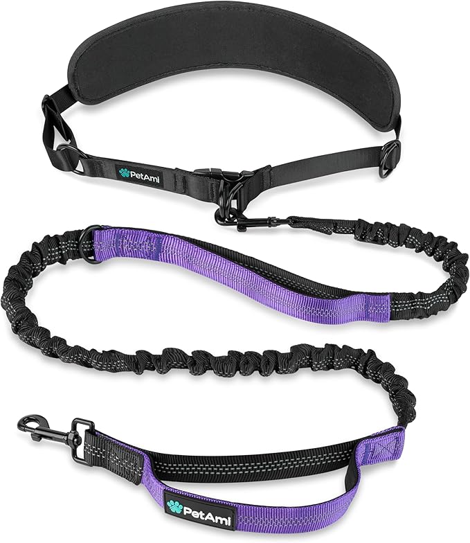 PetAmi Heavy Duty Hands Free Dog Leash, Adjustable Waist Belt for Large Dog Walking Up to 125 lbs, Bungee Leash for Pet Running, Hiking, Reflective Safety for Jogging, Biking, Purple Handle
