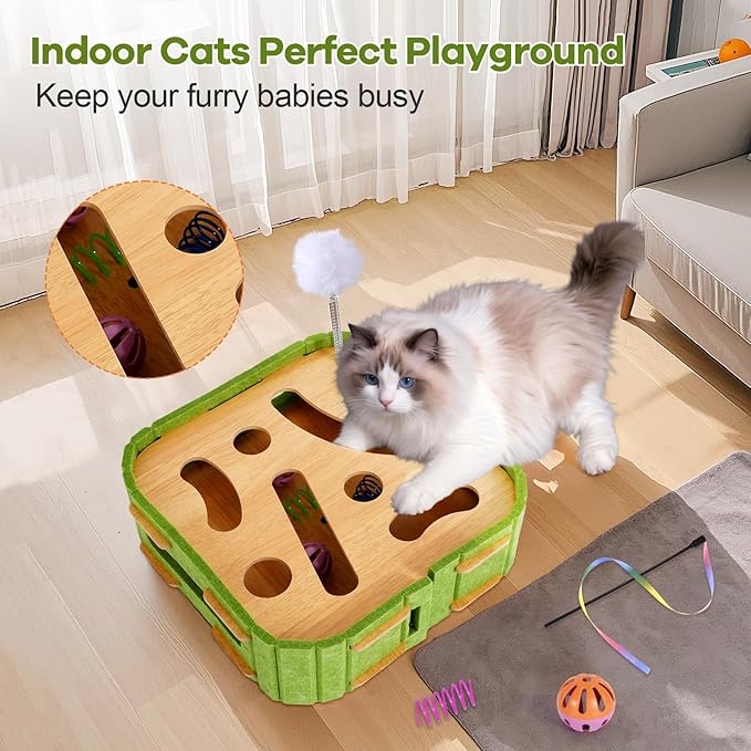 5-in-1 Cat Toys Interactive Wooden Cat Puzzle Toy Intelligence Treat Puzzle Feeder Box Game Enrichment Accessories with Jingle Balls, Wands, and Spiral Springs for Indoor Kitten Adult Cat