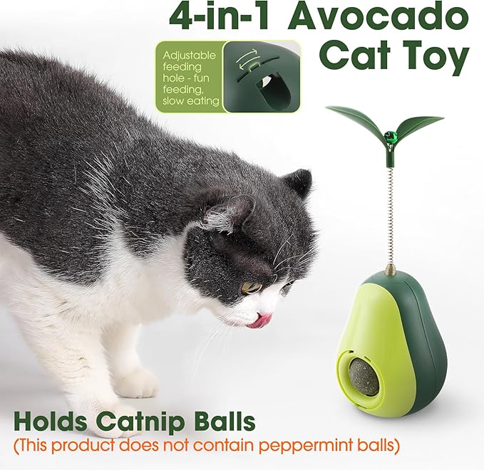 Cat Toys for Indoor Cats, Cat Puzzle Feeder, Cat Treat Ball with Tumbler Design, Holds Catnip Balls, Avocado Styling with Engaging Teaser Wand, Bell Sound, Slow Food Dispenser, for Pets