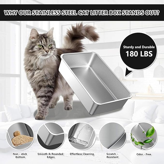 Stainless Steel Cat Litter Box with Lid Extra Large Open-Top Dual Entry Enclosed Metal Pan Tray with High Sides Pedal Scoop Non-Stick Anti-Leakage Easy Cleaning for Big Multi-Cat (Blue)