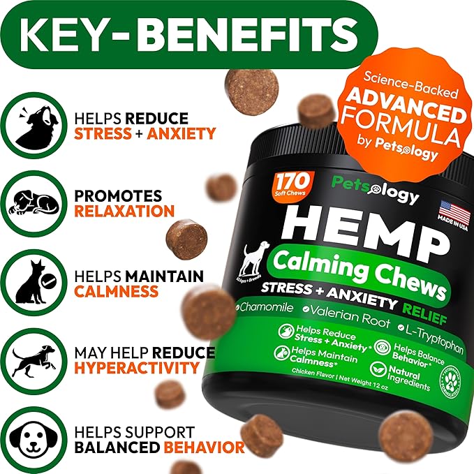 Hemp Calming Chews for Dogs - 170 Dog Calming Chews - Anxiety Relief Treats - Advanced Stress Relief, Separation Aid, Barking, Fireworks, Melatonin - Hip & Joint Supplement - Made in USA