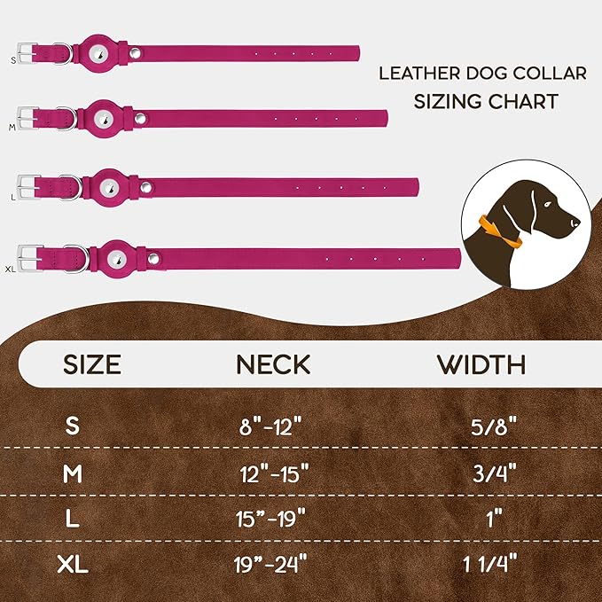 Leather Dog Collar with Airtag Holder - Apple AirTag Dog Collars - Soft Tracking Smart GPS Pet Collar for Small Medium Large Dogs Puppy (Pink, L, 15"-19" Neck Fit)