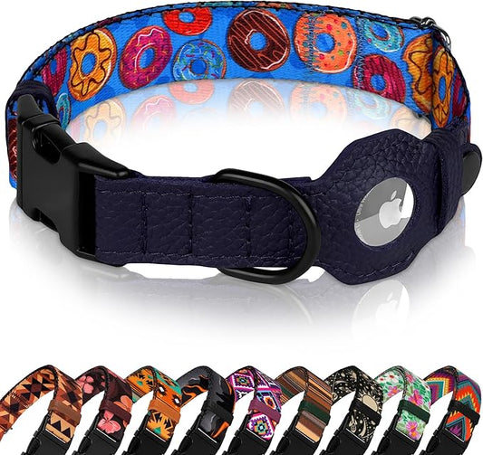 AirTag Dog Collar with Metal Buckle - Soft Leather Printed Nylon Dog Collar with Apple AirTag Holder - Cute Tracking GPS Pet Collars for Girl Boy Small Large Dogs (XS, 9"-12" Neck Fit, Donuts)