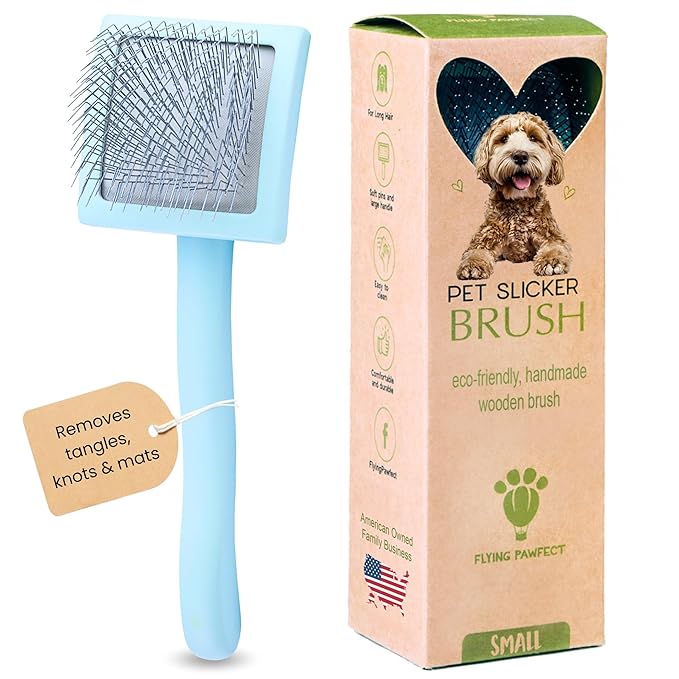Pet Slicker Brush With Soft Massage Grooming Stainless Steel Pins - For Dematting, Shedding Fur, and Undercoat - Ideal Gift for Professional Pet Groomers - Long Slicker Brush - Flying Pawfect