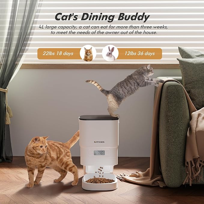 Automatic Cat Feeder - Nityers 4L Timed Cat Dry Food Dispenser, Programmable Portion Size,1-6 Meals Per Day, Dual Power Supply, Detachable Washable, Auto Pet Feeder for Cats and Small Dogs