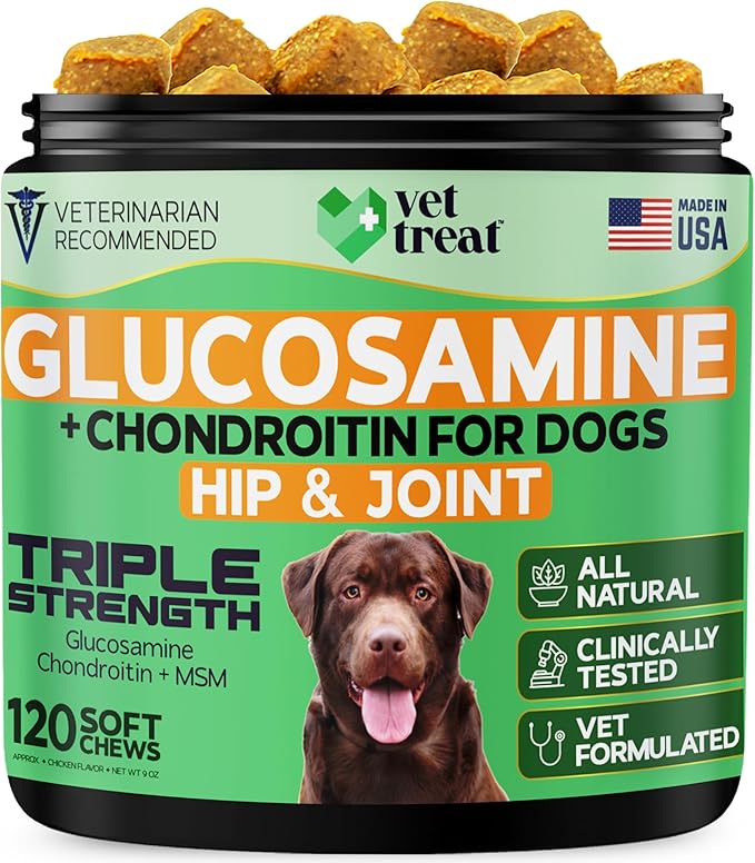 Glucosamine for Dogs – Hip & Joint Supplement with Chondroitin, MSM, Turmeric, Hemp Oil & Green Lipped Mussel – Arthritis Pain Relief, Mobility Support – Vet-Formulated, USA Made – 120 Chews