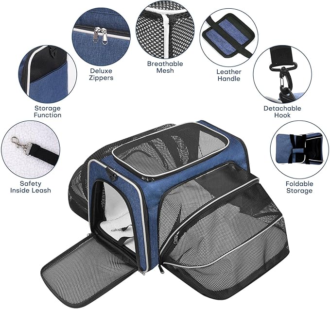 Cat Dog Carrier Bag - Expandable Soft-Sided Travel Pet Carrier with Ventilated Mesh, Fleece Pad, 18x11x11 Inch for Kitten, Rabbit, Puppy,Guinea Pig, Small Animal, Airline Approved