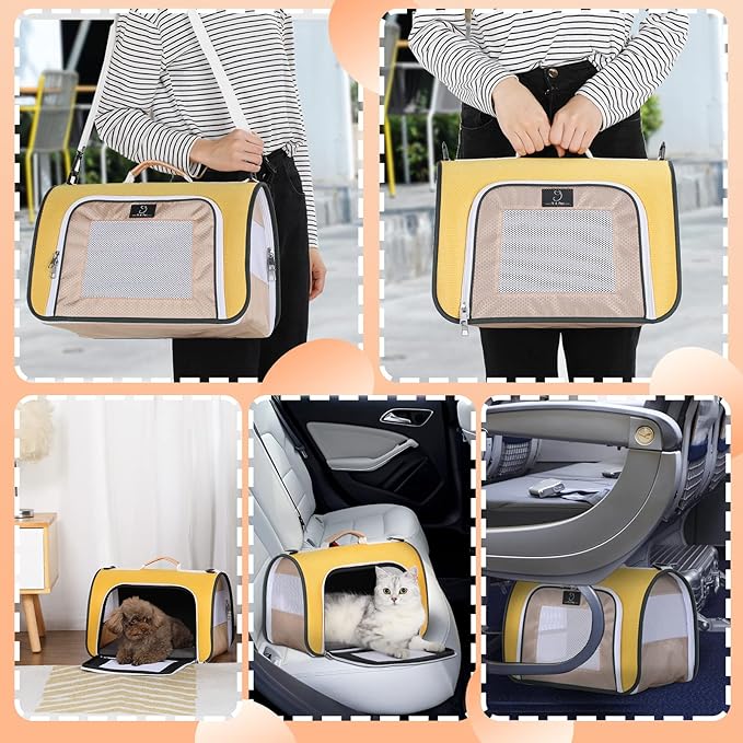 A4Pet Rabbit Carrier, Airline Approved Cat Carrier for Under 12 lbs, Soft-Sided Pet Travel Carrier Yellow, Small