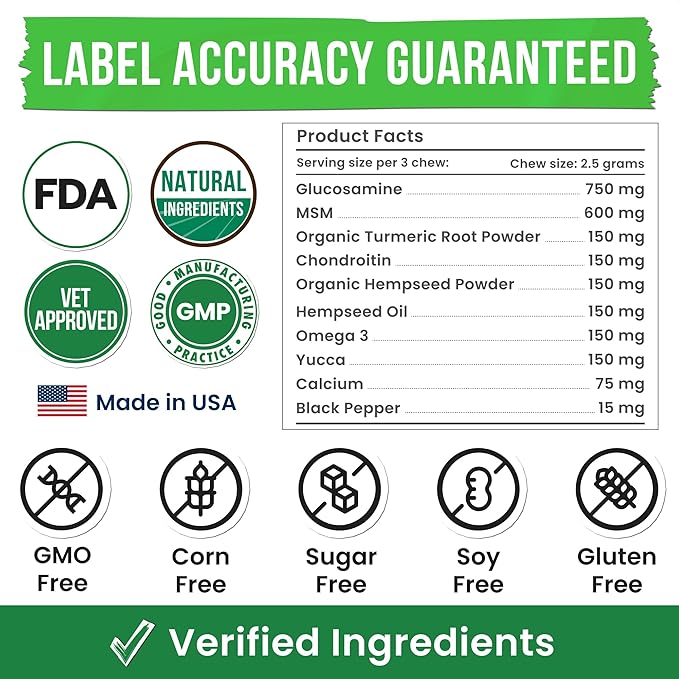 Advanced Hemp Hip & Joint Supplement for Dogs - Glucosamine for Dogs - Dog Joint Pain Relief Treats - Chondroitin Turmeric MSM Hemp Oil - Hemp Treats for Joint Health - Senior Mobility Support Chew