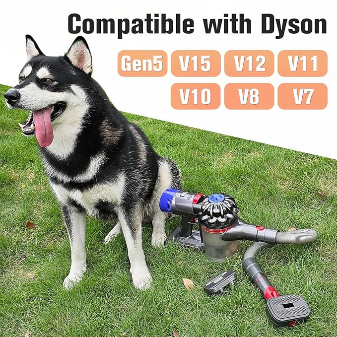 FUNTECK 2-in-1 Dog Hair Vacuum Brush for Grooming & Shedding Compatible with Dyson Gen5, V15, V12, V11, V10, V8, V7 – Removes Loose Hair, Dander, Undercoat & Tangles – Self-Cleaning Design