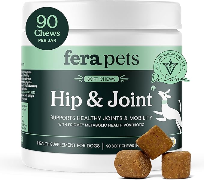 Fera Pets Hip & Joint Supplement for Dogs with Glucosamine, Postbiotics, & Green Lipped Mussel - Supports Healthy Joints and Weight Management - 90 Soft Chews
