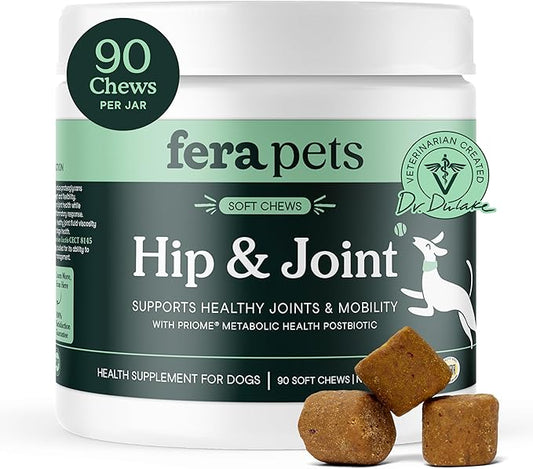 Fera Pets Hip & Joint Supplement for Dogs with Glucosamine, Postbiotics, & Green Lipped Mussel - Supports Healthy Joints and Weight Management - 90 Soft Chews