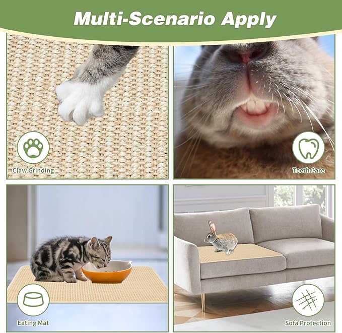 FHTONGE 2 Pcs Sisal Rabbit Scratching Mats for Cage Bedding, Bunny Scratch Pads Rabbit Mats with Non-Slip Base, Rabbits Chew Toys Grass Mats for Claws Teeth Grinding Biting Sleeping Nesting Cooling