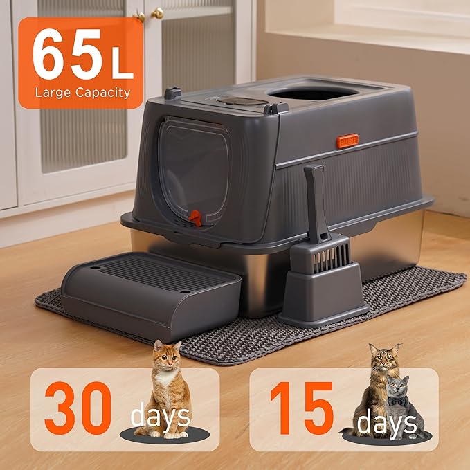 Citylife Stainless Steel Cat Litter Box with Lid, Front & Top Entry Extra Large Metal Kitty Litter Box Enclosure with Scoop & Double Layer Mat, Anti-Leakage, Non-Sticky, Dark Grey