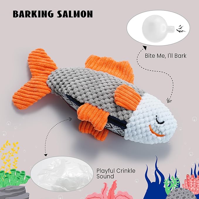 Nocciola Fish Salmon Crinkle Squeaky Dog Toys for Aggressive Chewers, Durable Stuffed Plush Rope Tug Puppy Toy for Small, Medium Large Dogs, Ocean Beach Summer, Dog Birthday Gifts