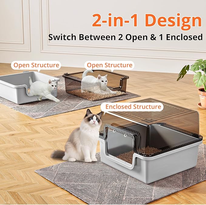 Oneluck Large Covered Cat Litter Box with Scoop and Transparent Lid, Non-Stick, Durable, Easy-Clean Pan for Multi-Cat Households,XL,Gray