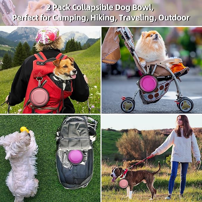 Kytely Large Collapsible Dog Bowls 2 Pack, 34oz Foldable Dog Travel Bowl, Portable Pet Water Food Bowl with Clasp, Pet Cat Feeding Cup Dish for Traveling, Walking, Hiking (Pink+Purple)