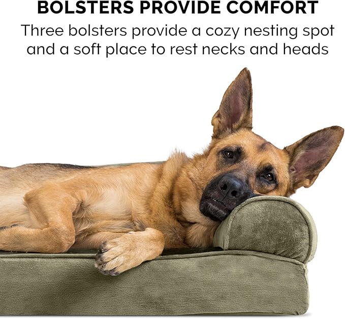 Furhaven Orthopedic Dog Bed for Large Dogs w/ Removable Bolsters & Washable Cover, For Dogs Up to 125 lbs - Faux Fur & Velvet Sofa - Dark Sage, Jumbo Plus/XXL