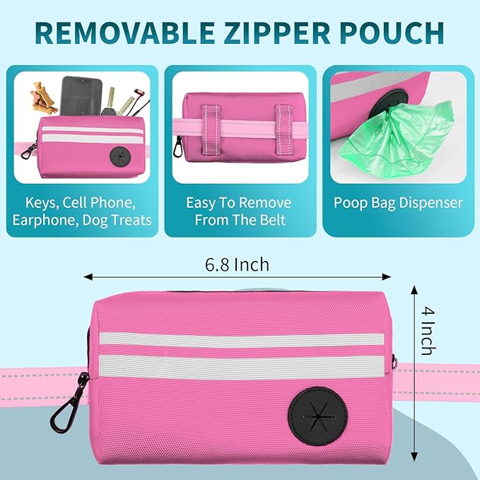 Hands Free Dog Leash with Removable Zipper Pouch, Dual Padded Handles and Durable Bungee for Walking, Jogging and Running-Pink