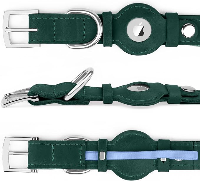 Leather Dog Collar with Airtag Holder - Apple AirTag Dog Collars - Soft Tracking Smart GPS Pet Collar for Small Medium Large Dogs Puppy (Green, L, 15"-19" Neck Fit)