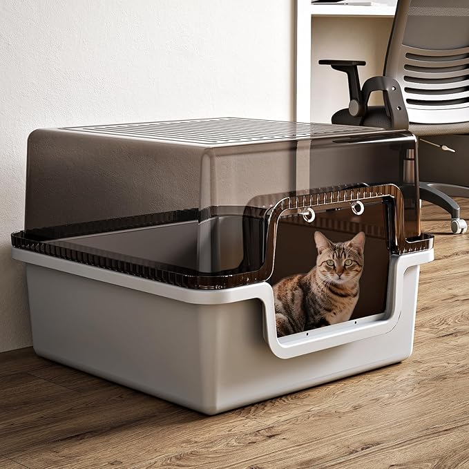 Oneluck Large Covered Cat Litter Box with Scoop and Transparent Lid, Non-Stick, Durable, Easy-Clean Pan for Multi-Cat Households,XL,Gray