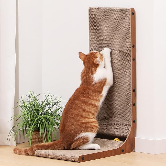 FUKUMARU Cat Scratcher, 26.8 Inch Cat Scratch Pad for Indoor Cats, L Shaped Cardboard Vertical Cats Scratching Board with Ball Toy, Walnut Color, 1 Pack