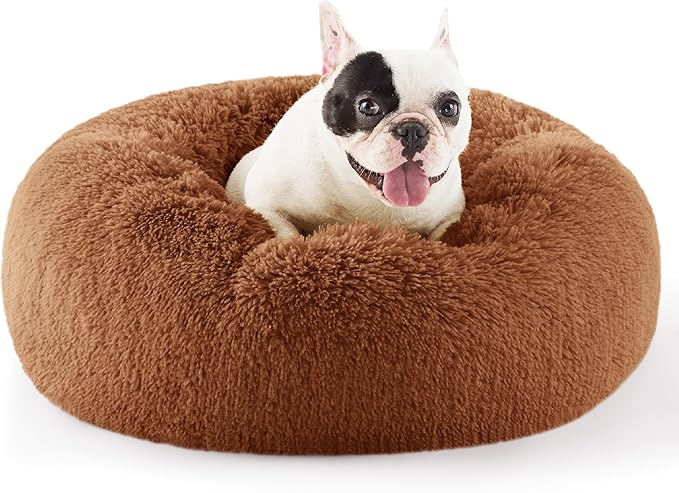 Bedsure Calming Dog Bed for Small Dogs - Donut Washable Small Pet Bed, 23 inches Anti-Slip Round Fluffy Plush Faux Fur Large Cat Bed, Fits up to 25 lbs Pets, Caramel