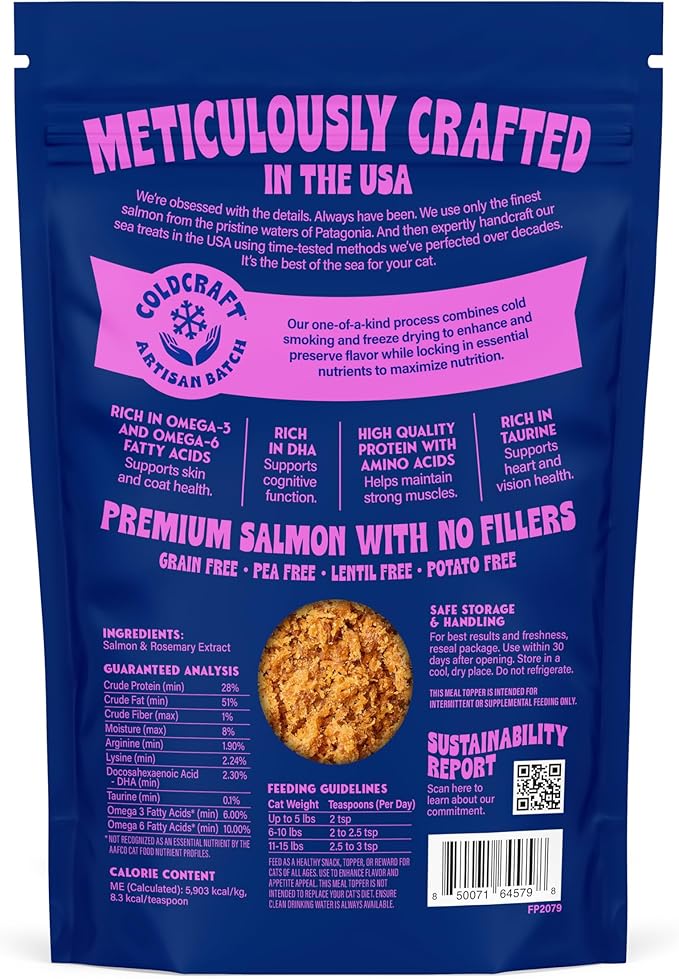 Finfare Freeze Dried Salmon Sprinkles, Grain Free Salmon Meal Topper to Support Taste & Nutrition, High Protein & Omega-3s, Crafted in USA, 6oz